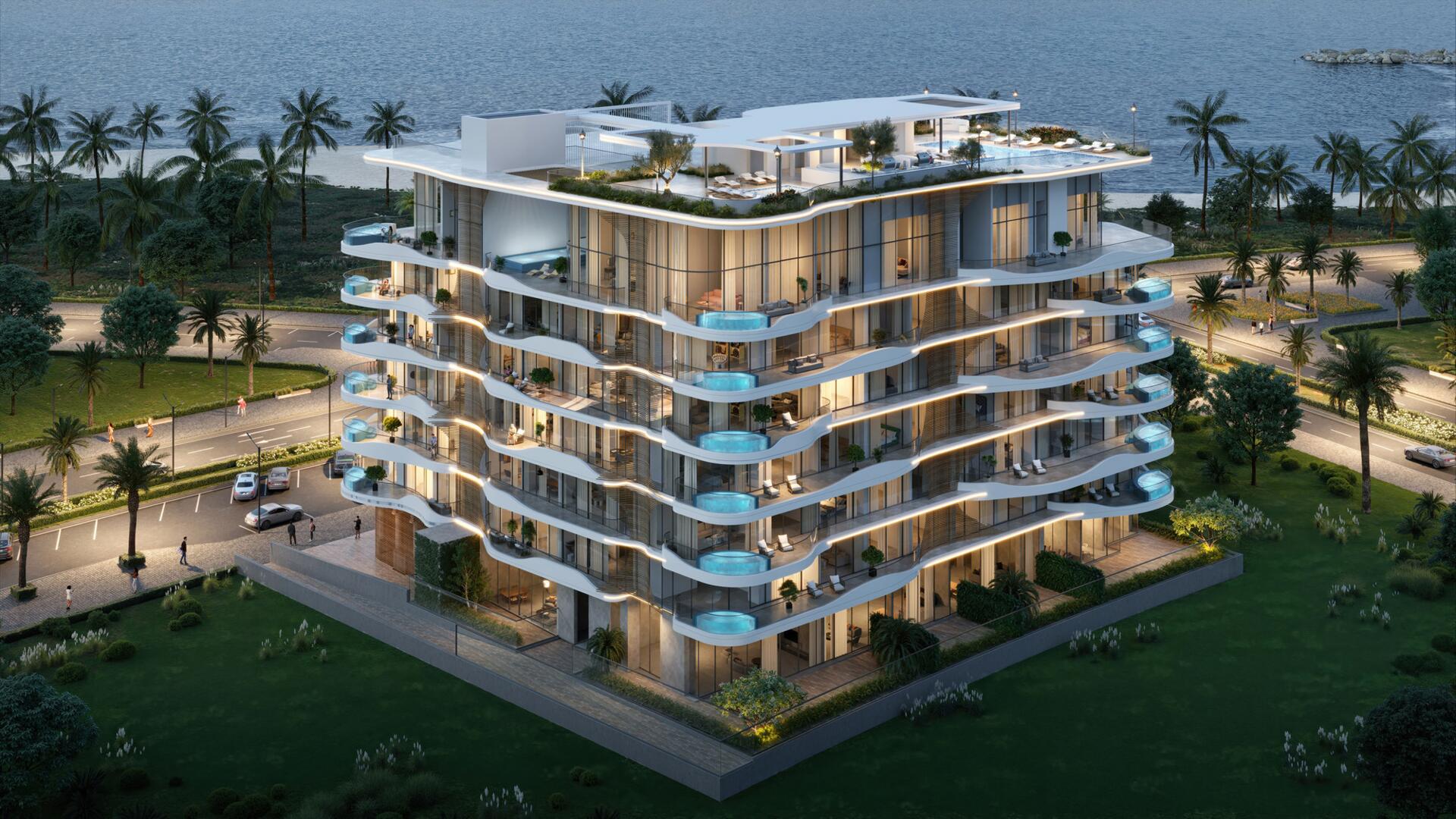 Aerial evening view of La Perla beachfront