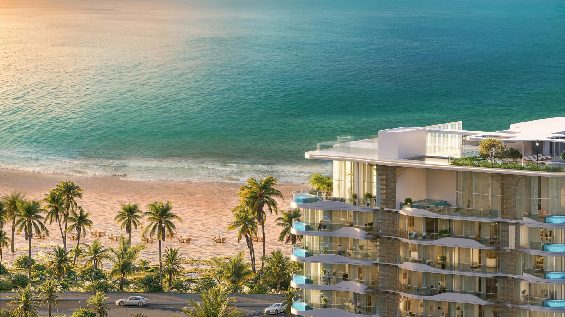 Beachfront side view with palm trees and ocean