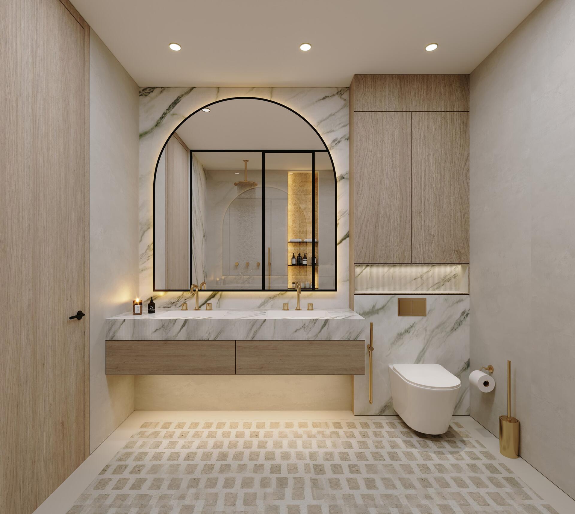 Spa-like bathroom with arched mirror and marble finishes