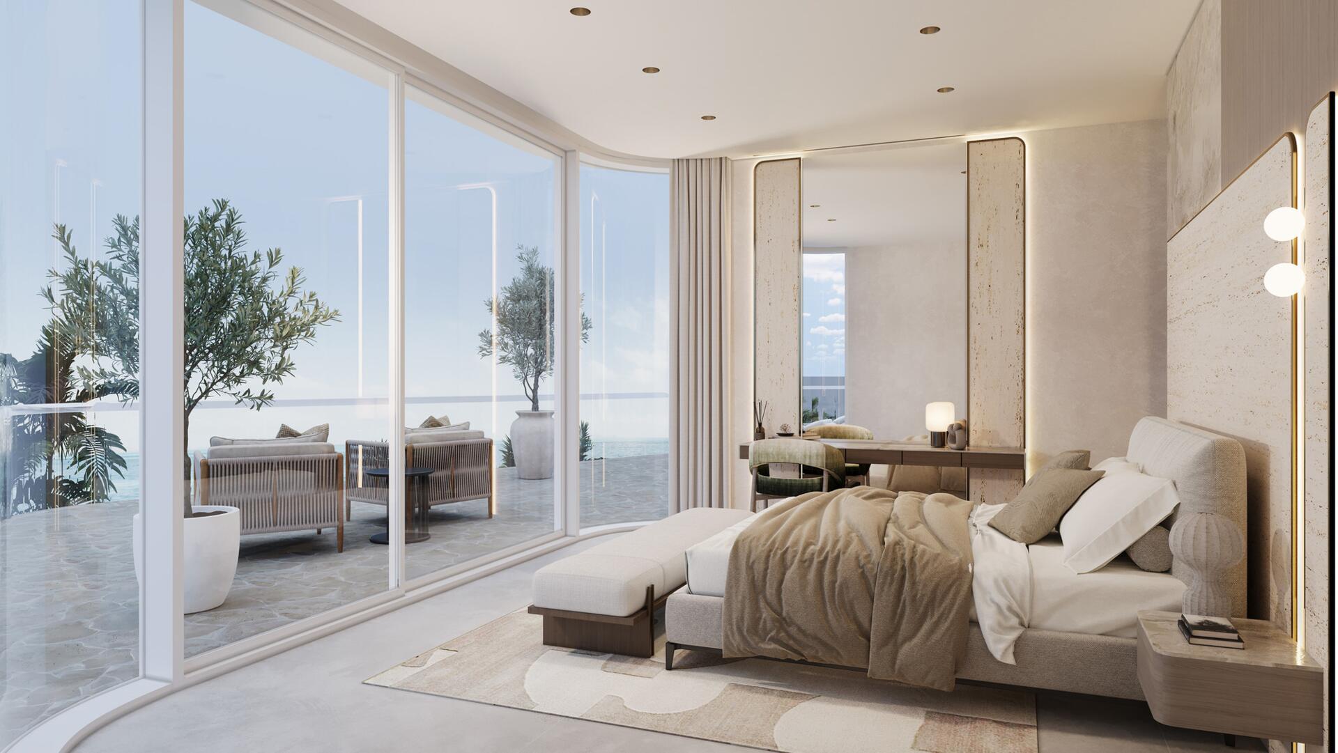 Serene bedroom with floor-to-ceiling windows and terrace