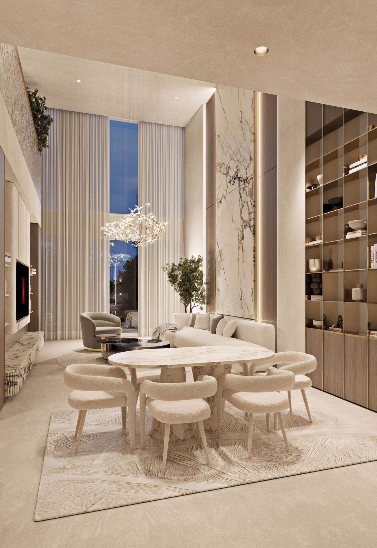 Elegant dining room with double-height ceiling and chandelier