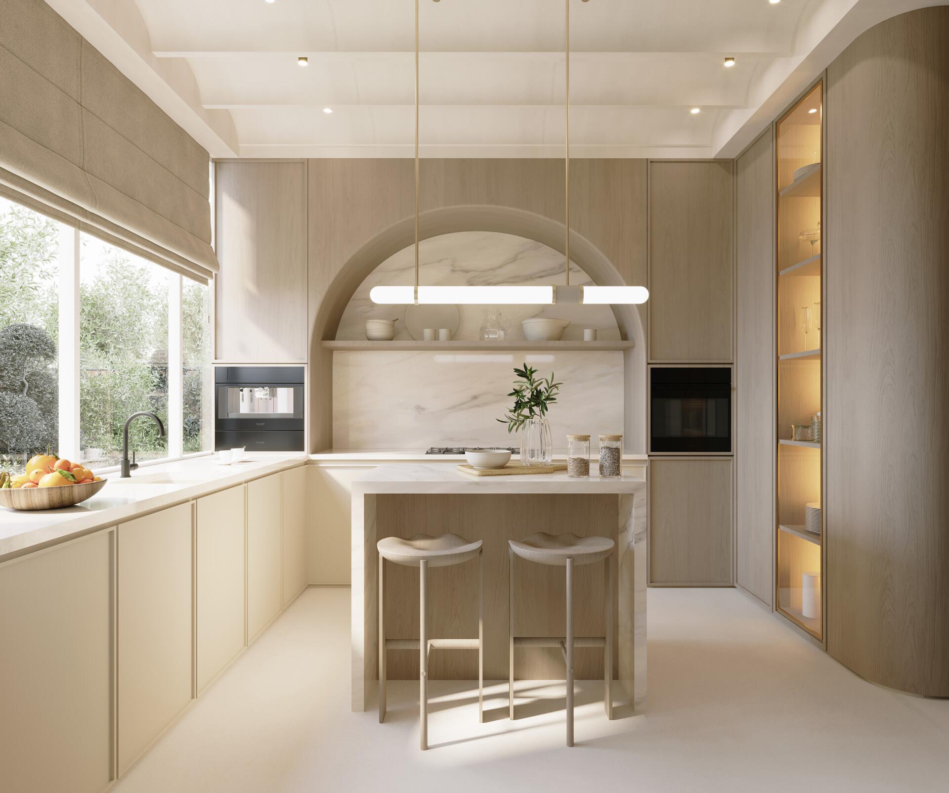 Gourmet kitchen with arched feature wall and marble countertops