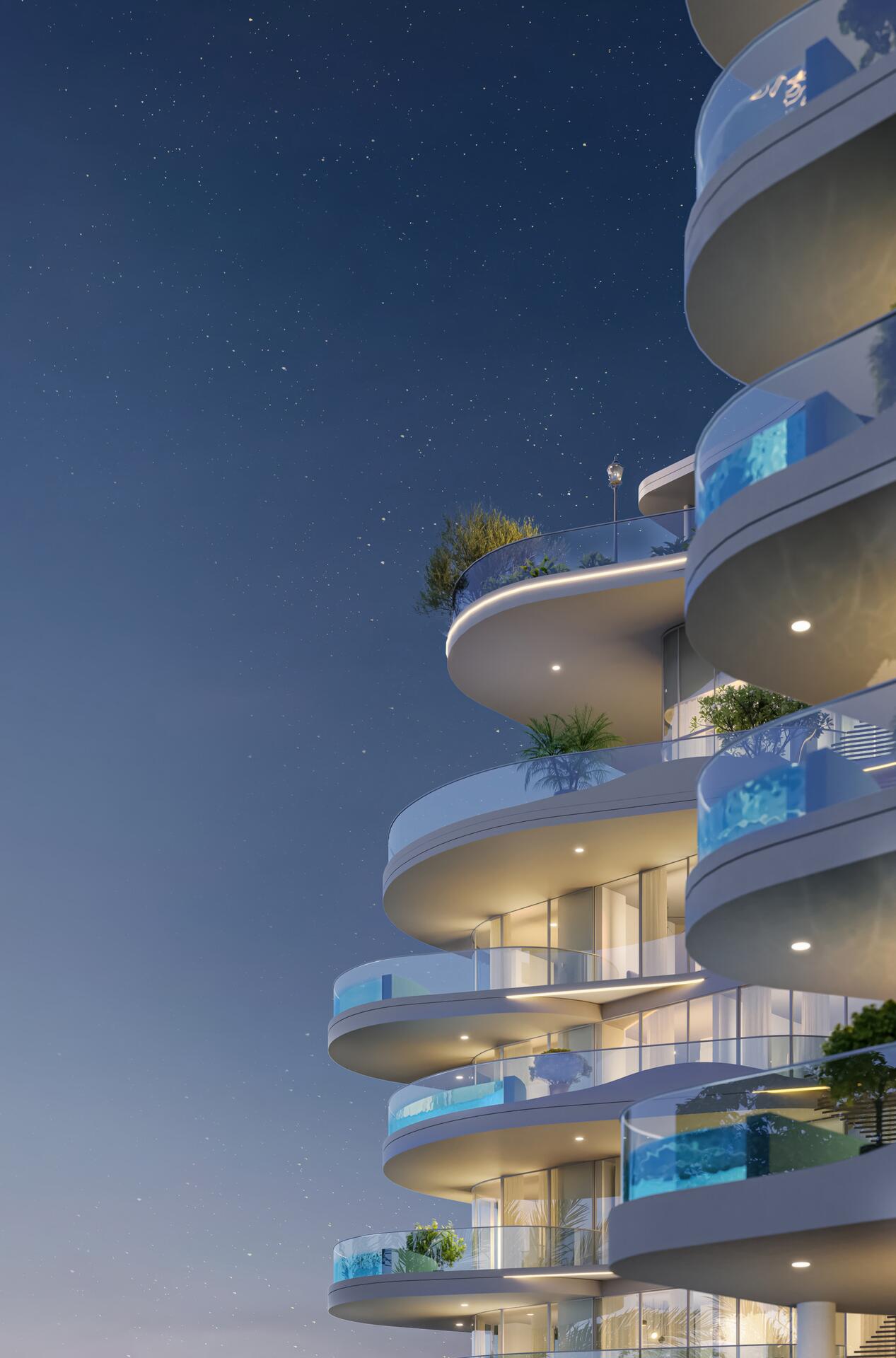 Night view with illuminated balconies under stars